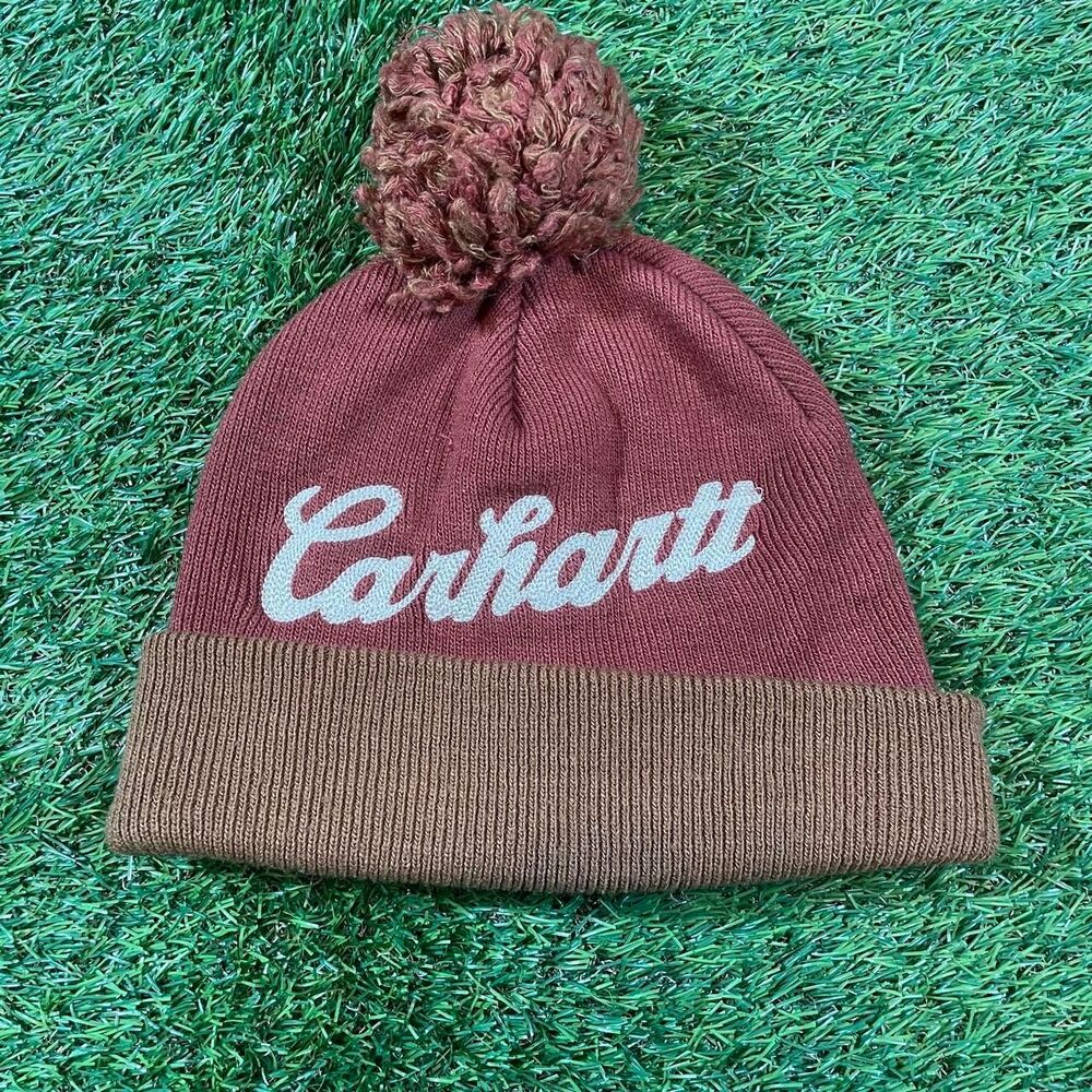 Carhartt brown & burgundy knit embroidered logo beanie with pom pom